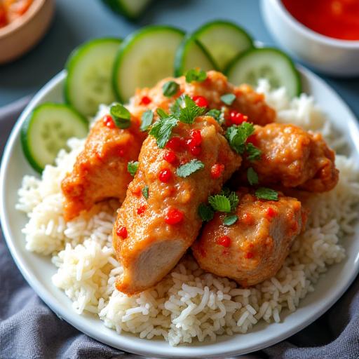 A delicious plate of Hainanese Chicken Rice.