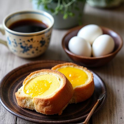 A traditional set of Kopi O and Kaya Toast with soft-boiled eggs.