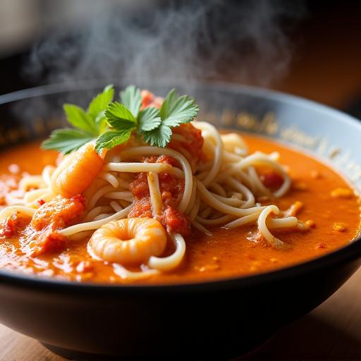 A steaming, aromatic bowl of Katong Laksa.